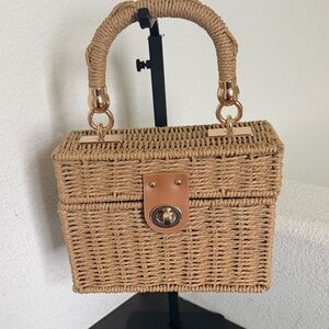 Urban Expressions Woven Mini Top-Handle Bag in Natural Tan with Gold Hardware.